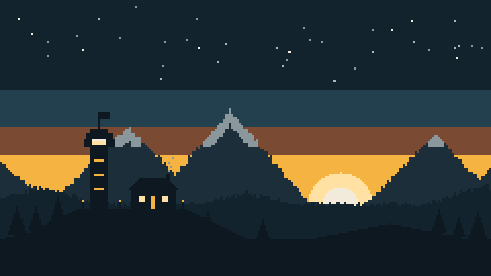 Pixel-art dusk: the Outpost watchtower and a lit cabin on a hill, mountains and a setting sun behind